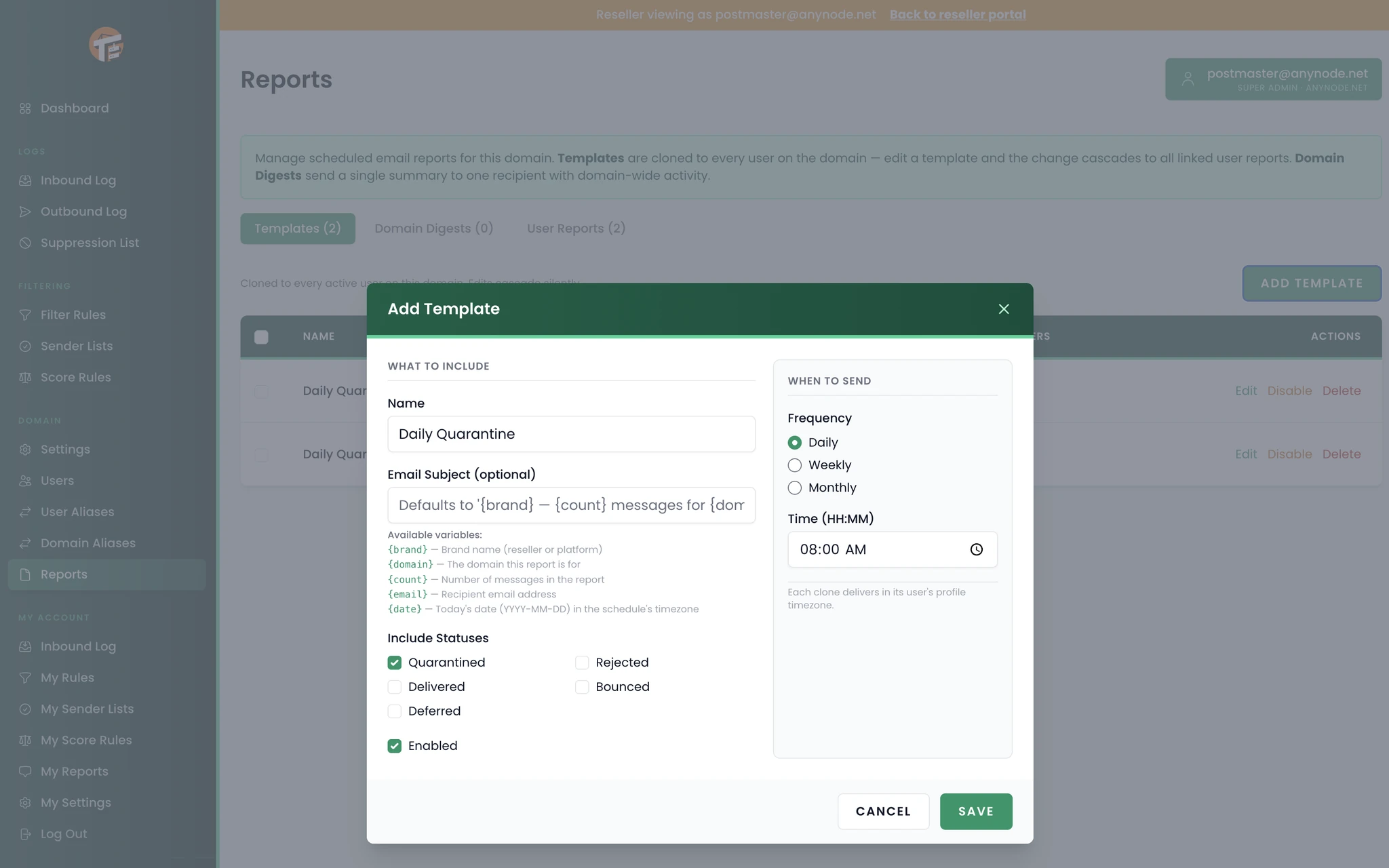 Quarantine list interface