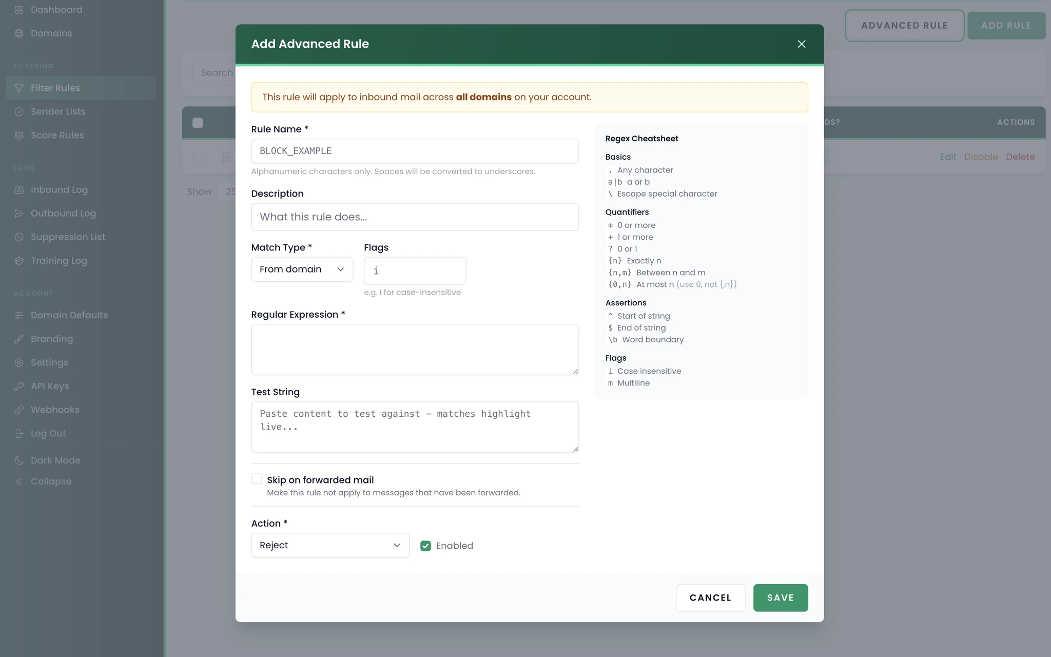 Cascading rules interface